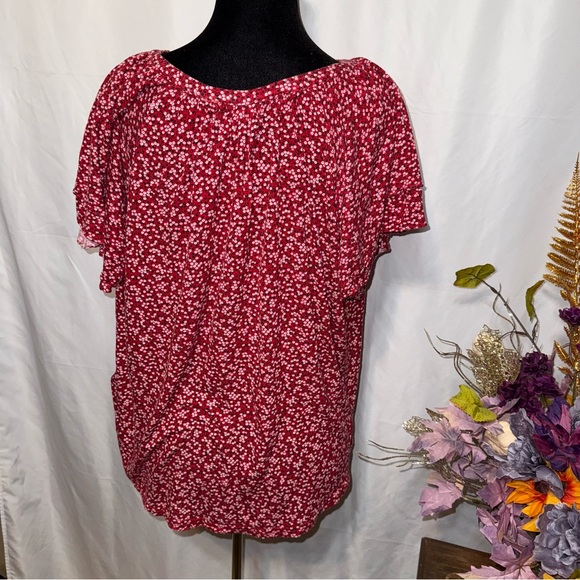 Chaps Red Floral Lace Up Peasant Blouse XL Boho Short Sleeve - Picture 3 of 7